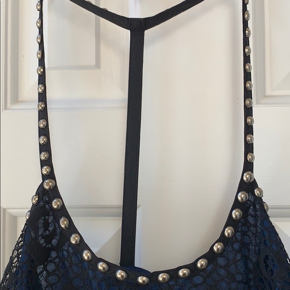 Free People lace overlay/navy cotton/pewter studs - Picture 2 of 12